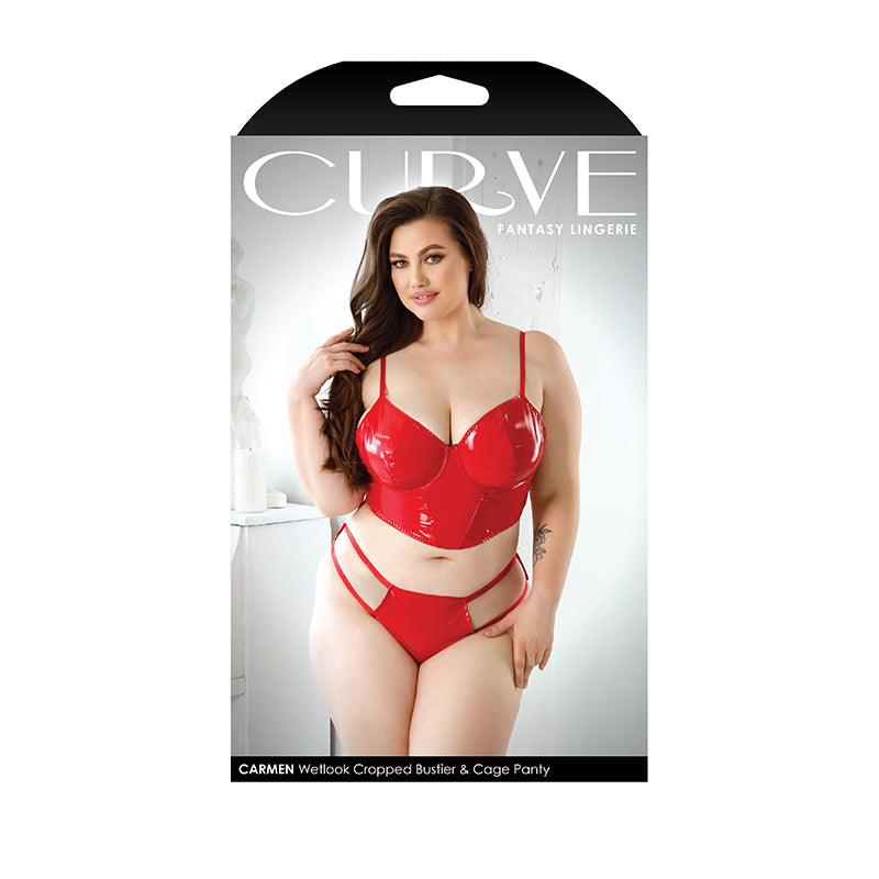 Fantasy Lingerie Curve Carmen Wetlook Cropped Bustier & Matching Cage Panty Red